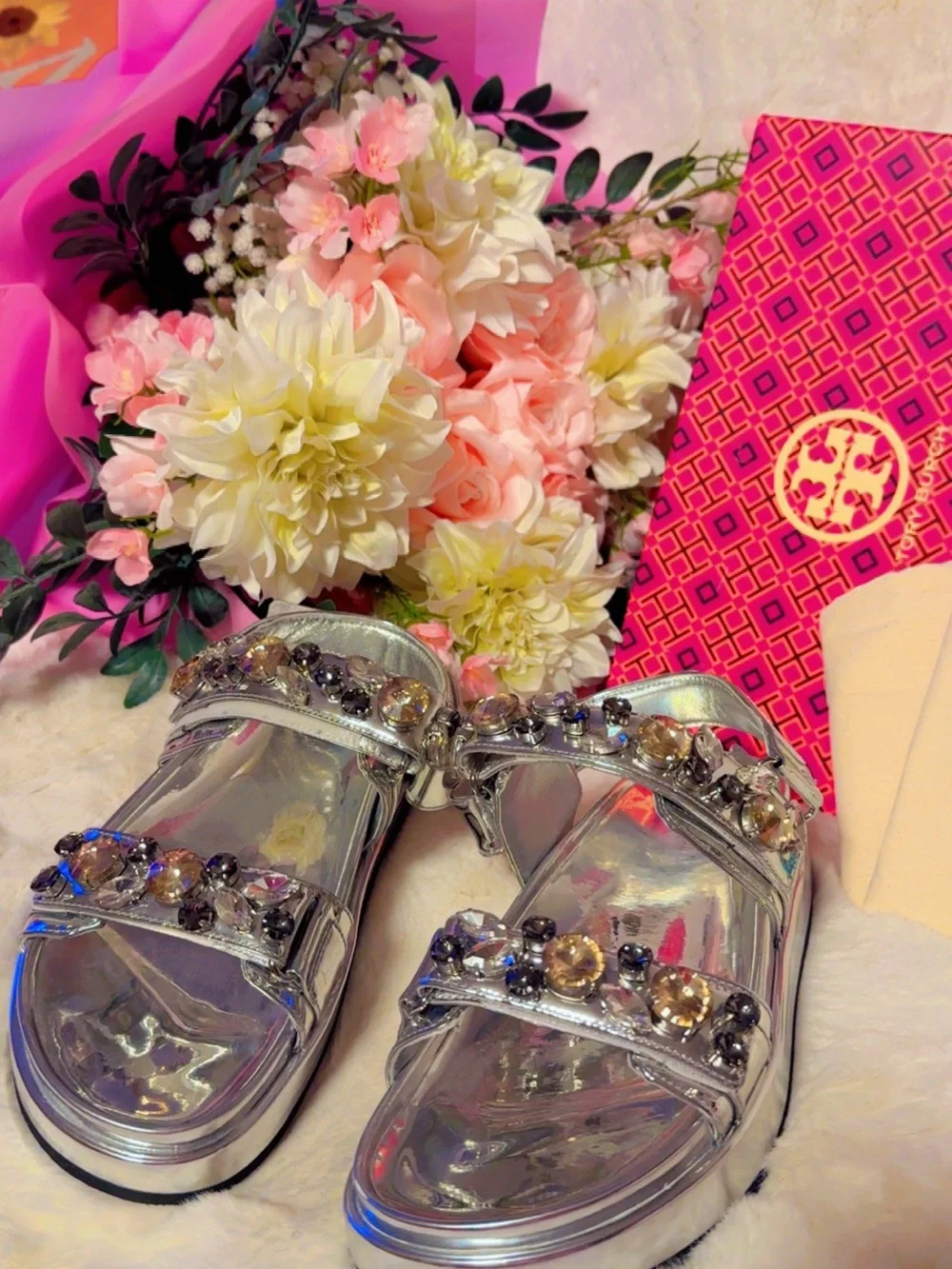 Tory Burch Girls' Silver Jeweled Slide Sandals